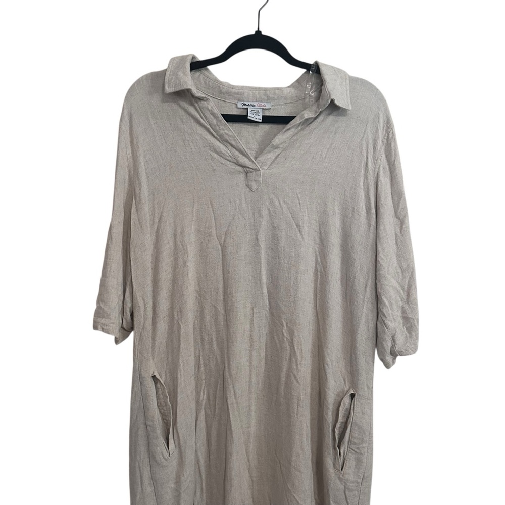 Marissa Olivia Cream Linen Rayon Blend Deep Vneck 3/4 Sleeve Knee Length Dress L - Picture 4 of 8